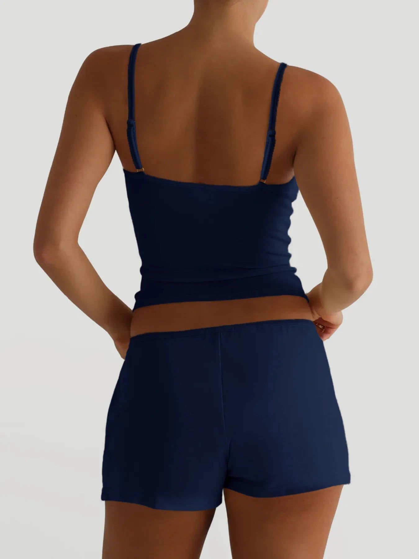 Navy V-back cami and matching shorts set with adjustable straps