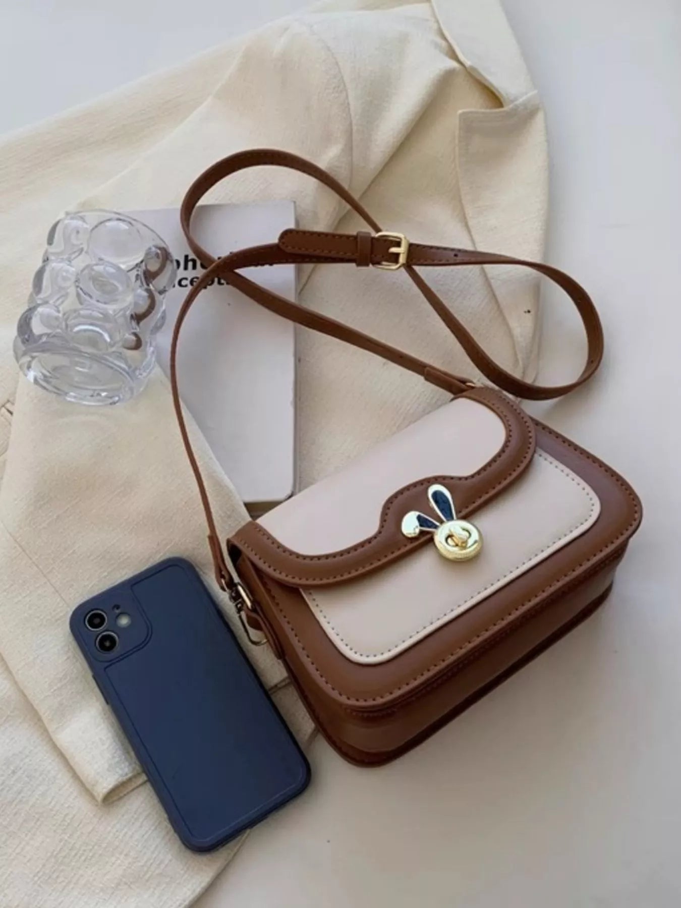 Rabbit Decor Color Block Flap Crossbody Bag, mini PU, brown and beige panels with gold clasp, adjustable strap