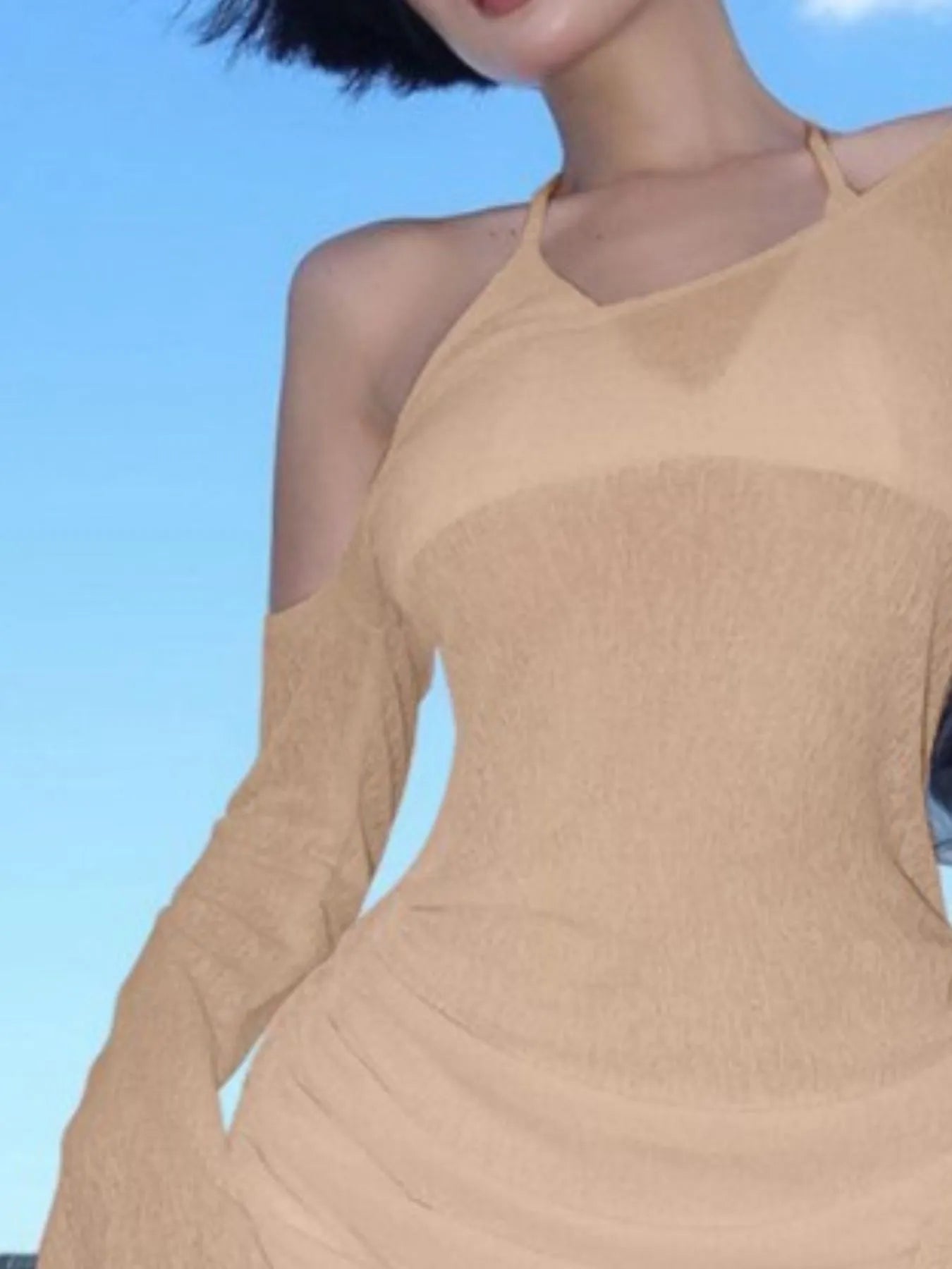 Tan ruched one-shoulder mini cover-up dress with long bell sleeves and draped ruching