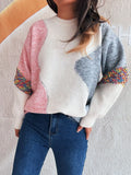 Dropped shoulder sweater: white with pink & blue color blocks, multicolor cuffs