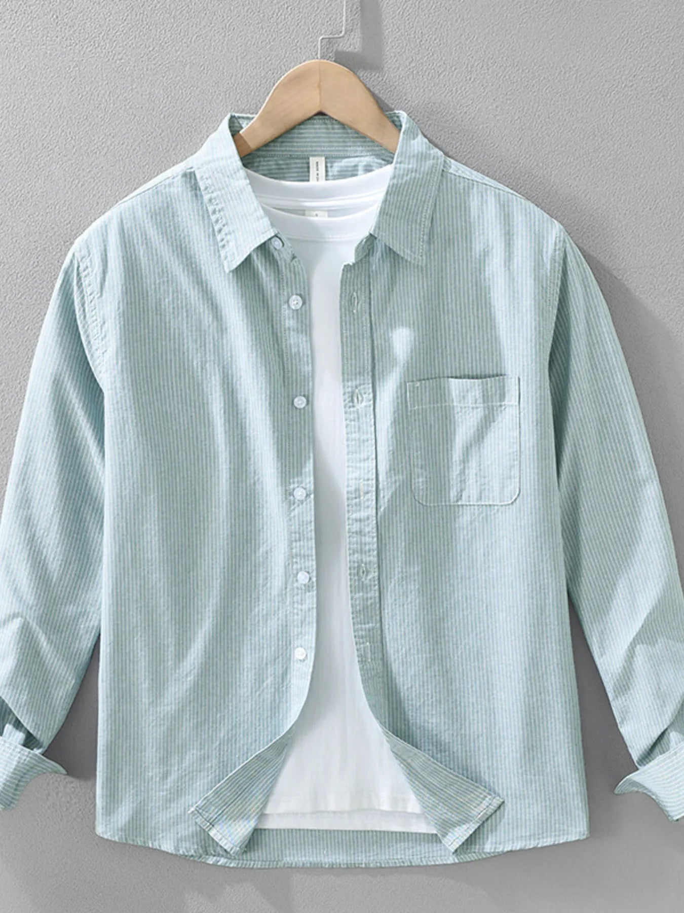 Men's striped button-up long sleeve shirt, light green with chest pocket