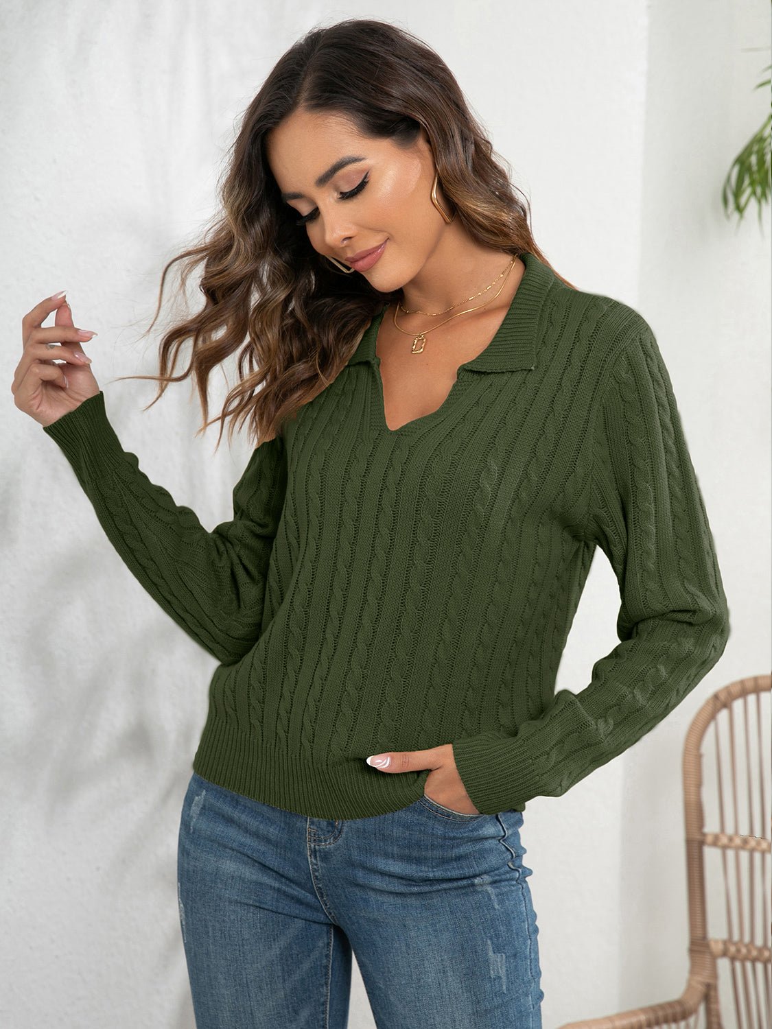 Army green cable-knit long sleeve sweater with Johnny collar V-neck, side view