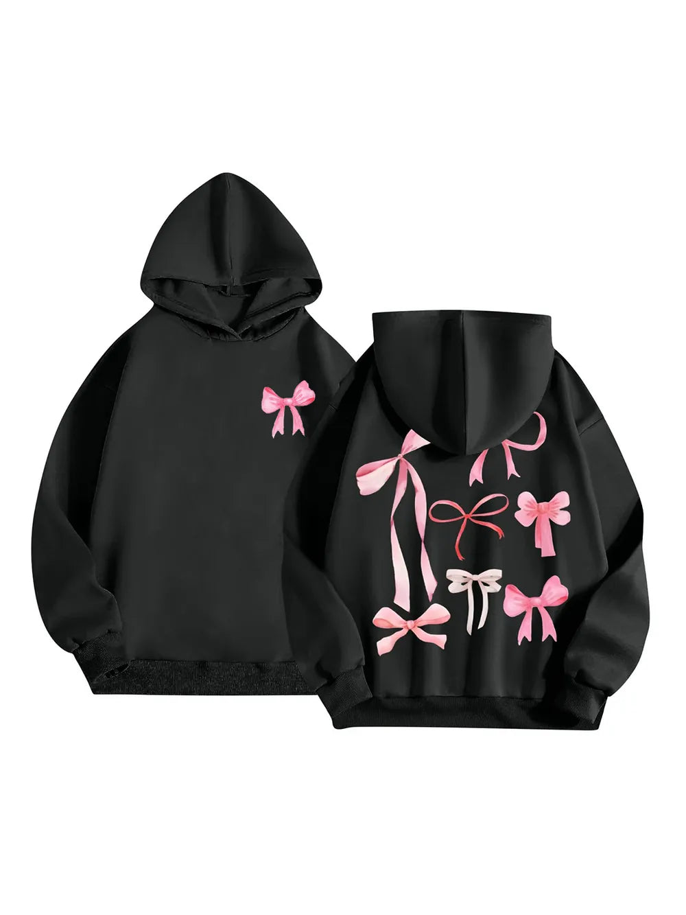 Black long-sleeve hoodies with pink bow prints, front and back views
