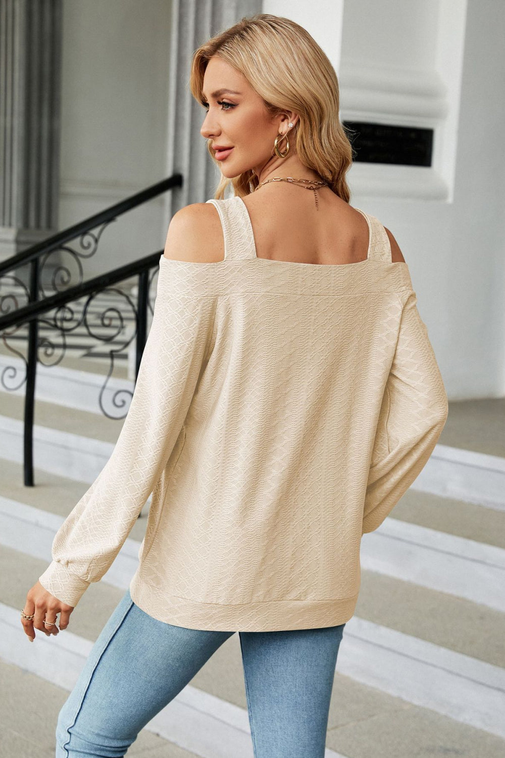 Cold-shoulder square-neck cutout blouse, cream off-shoulder long sleeves