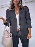 Dark gray slim-fit single-button blazer with notched lapels, front pockets.