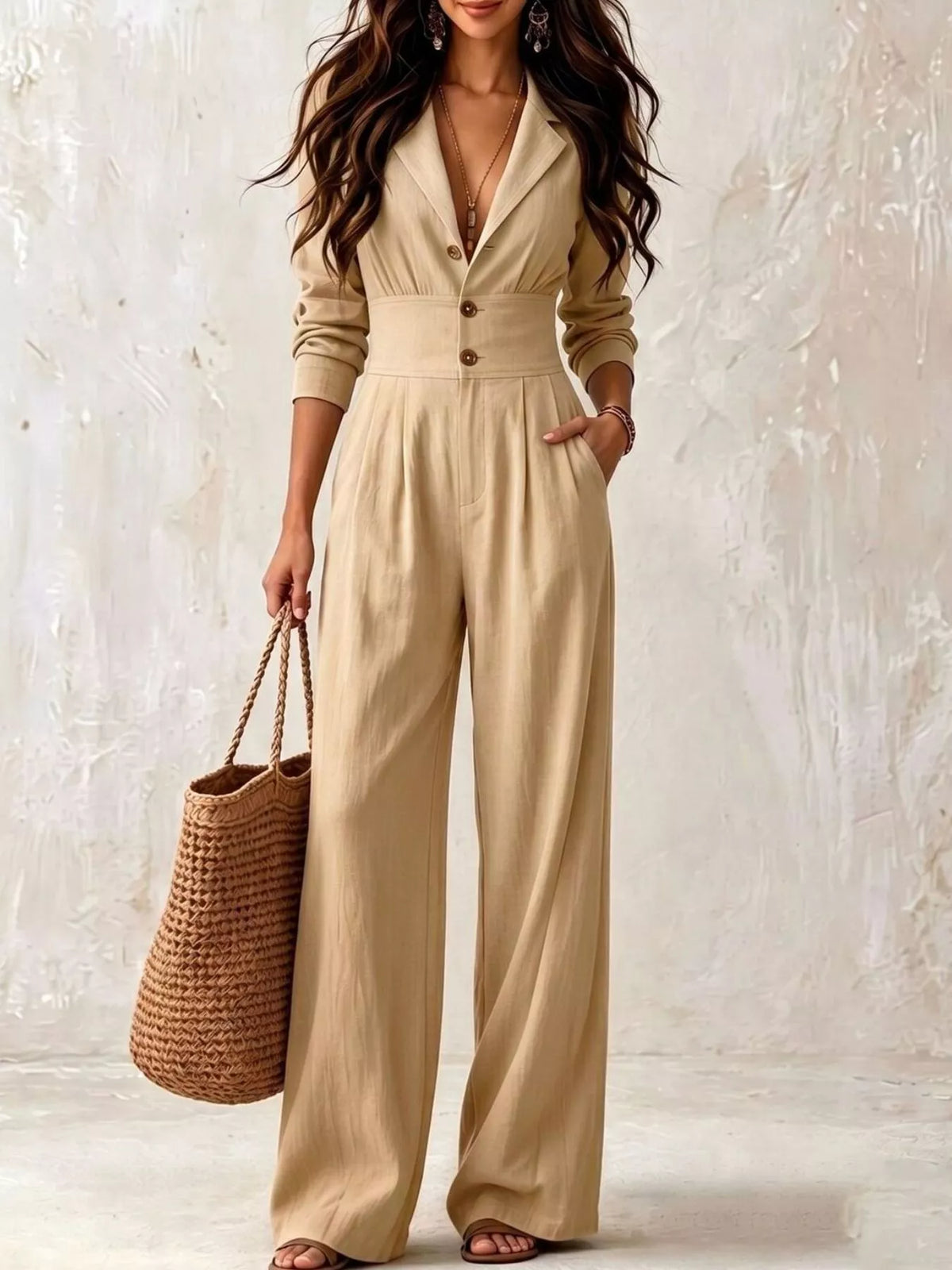 Tan lapel-collar button-front wide-leg jumpsuit, long sleeves, belted waist