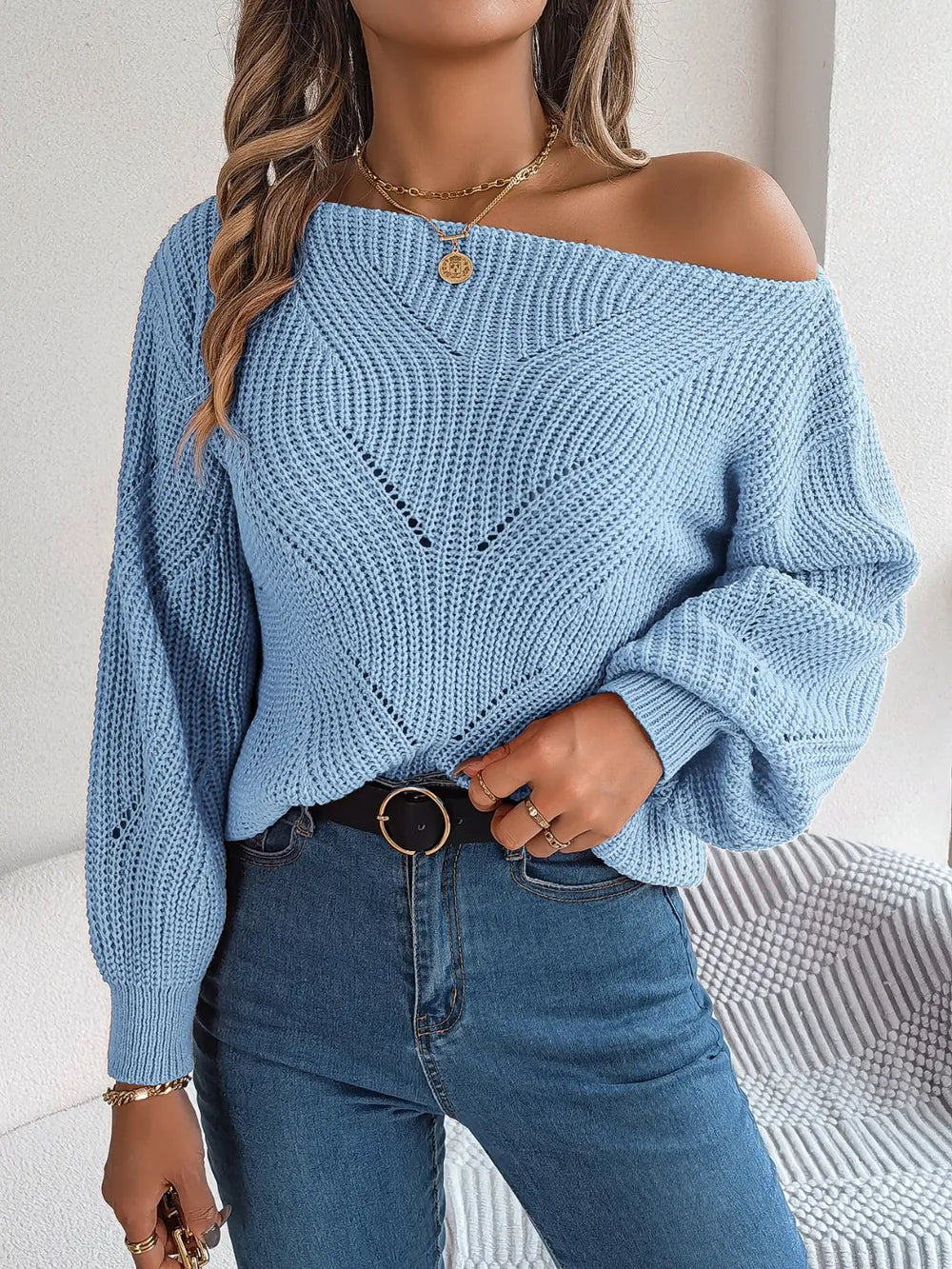 Openwork long-sleeve sweater in misty blue, off-shoulder knit with buttoned neckline