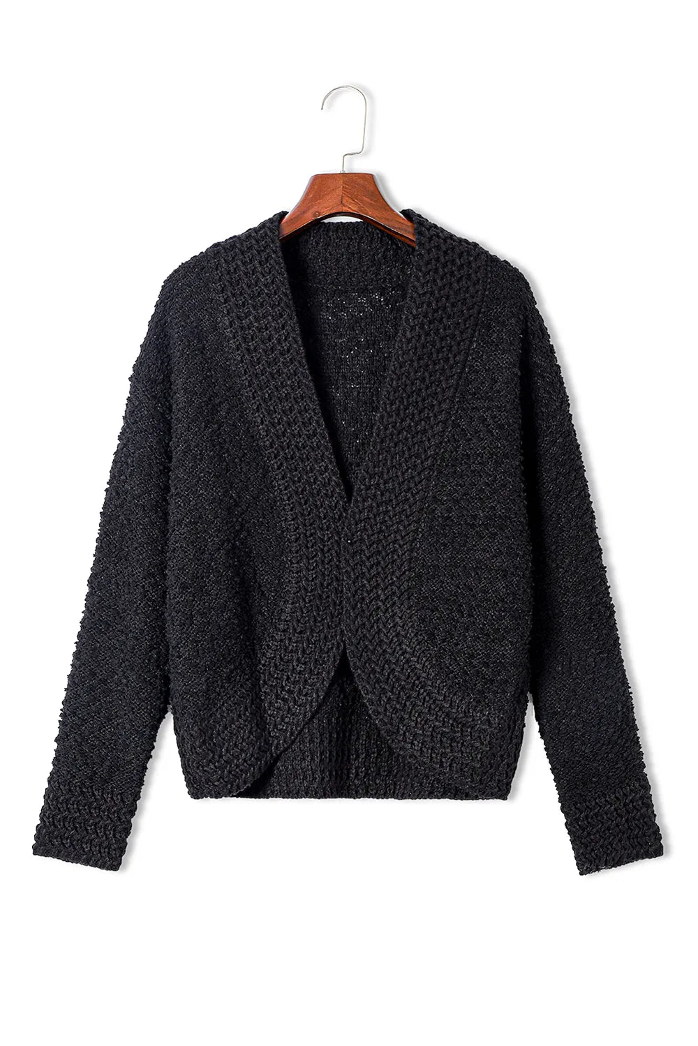 Black solid open-front cardigan on hanger, textured knit long sleeves