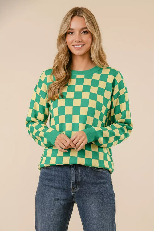 Green and yellow checkered crewneck sweater with long sleeves, front view
