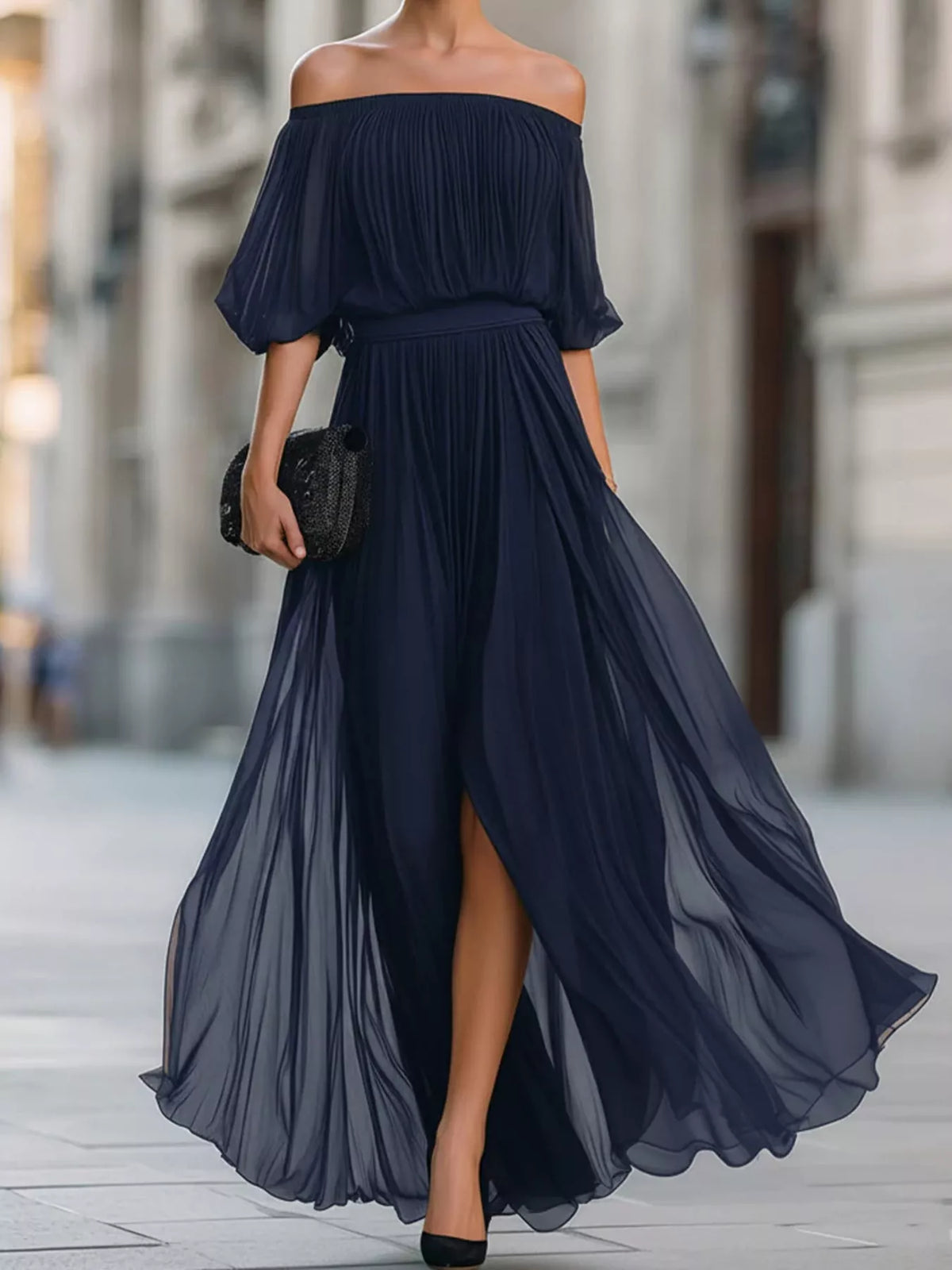 Navy off-shoulder ruched chiffon maxi dress with tiered skirt and thigh slit
