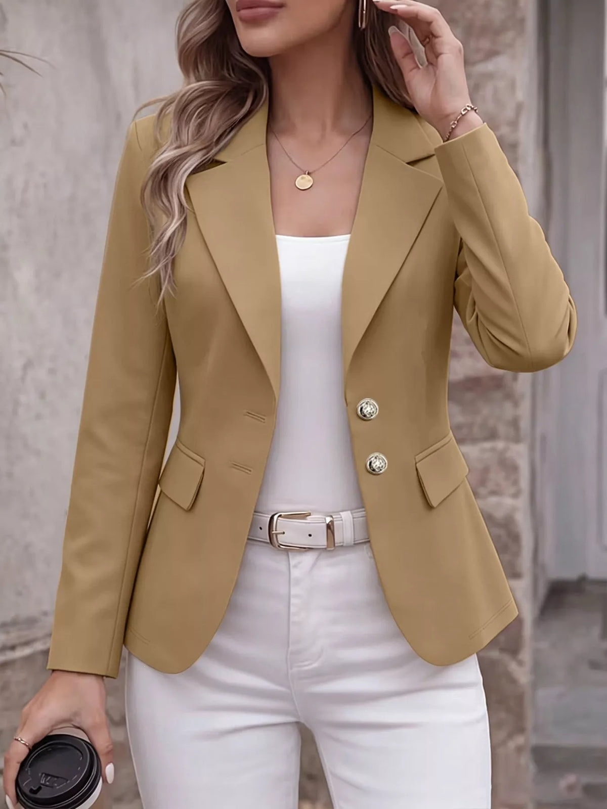 Khaki tailored blazer jacket with lapel collar, two-button front, and side flap pockets