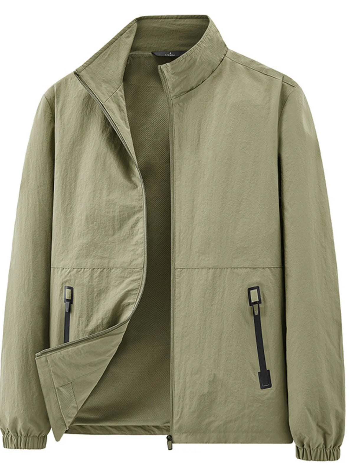Men's zip-up long-sleeve jacket in light olive with stand collar and zip pockets