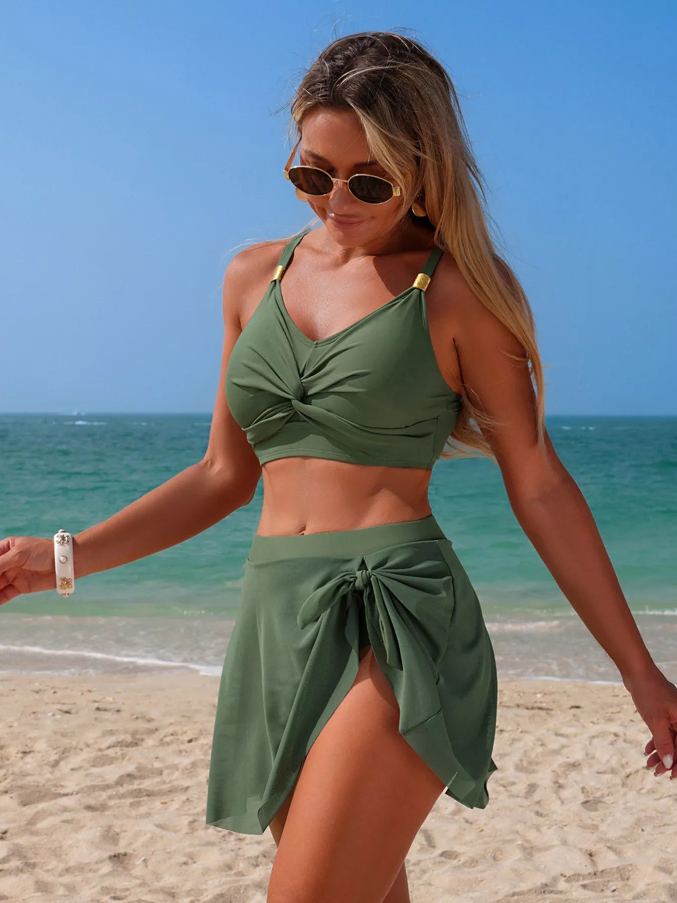 Twist Front Cami and Skort Swim Set, sage green, two-piece beachwear with tied top and wrap skirt
