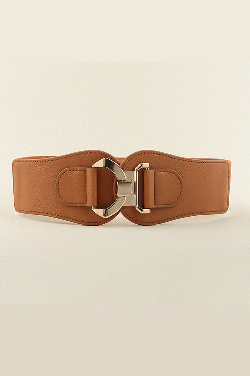 Caramel elastic belt with silver-tone alloy buckle and metal bar clasp