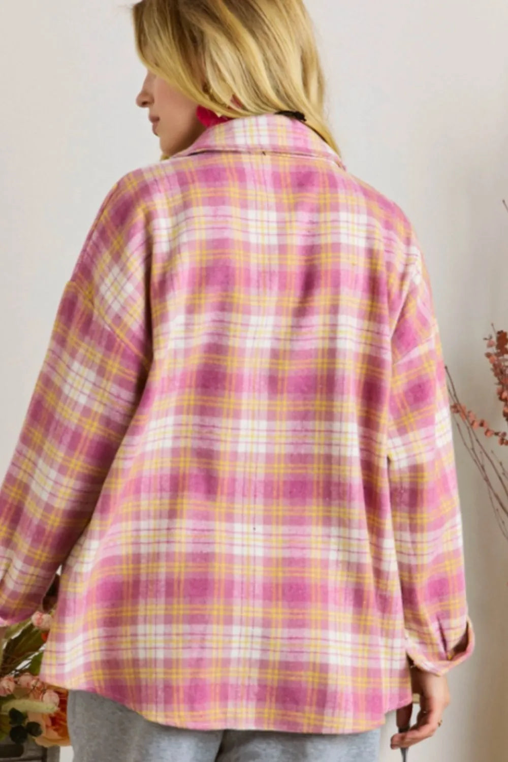 Pink plaid button-up shacket, turned to show back with long sleeves