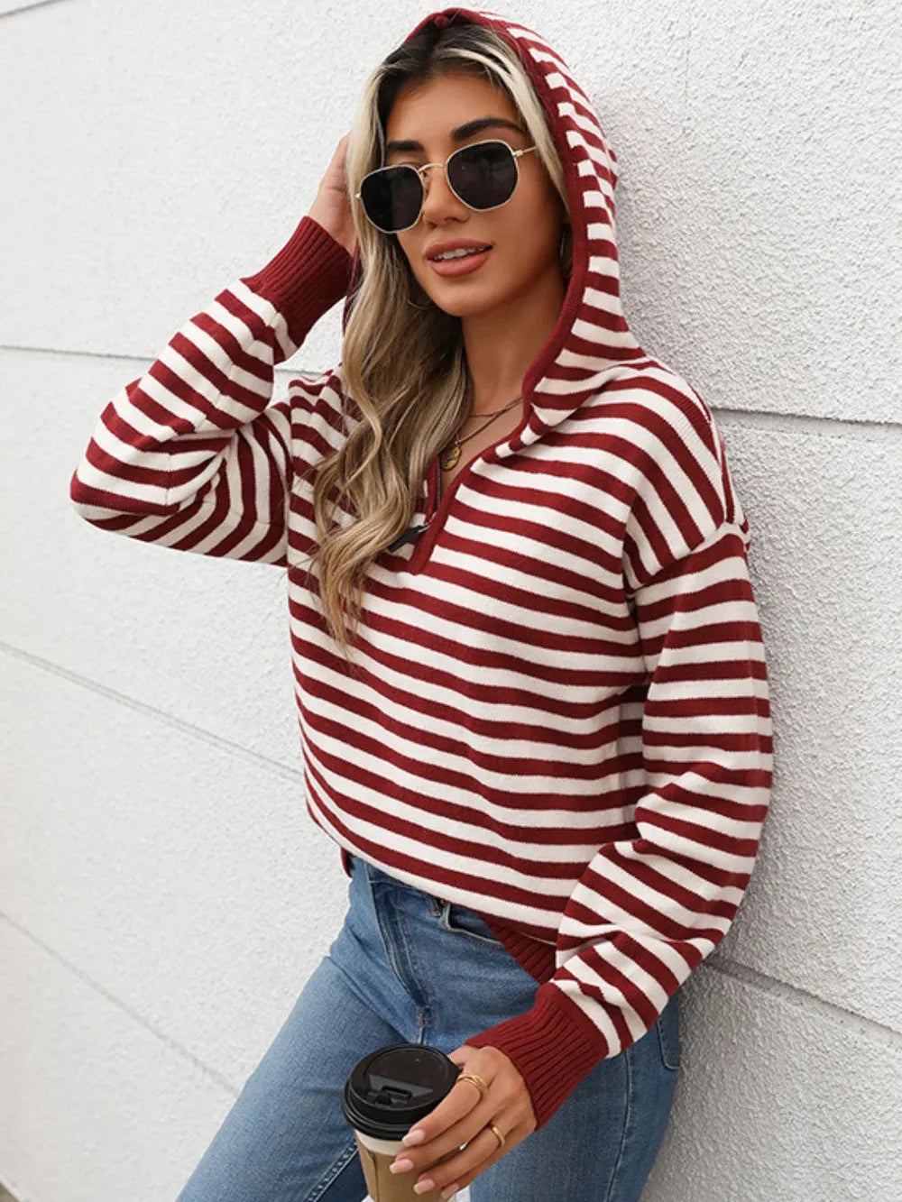 Striped hooded long sleeve sweater in burgundy and white with ribbed cuffs