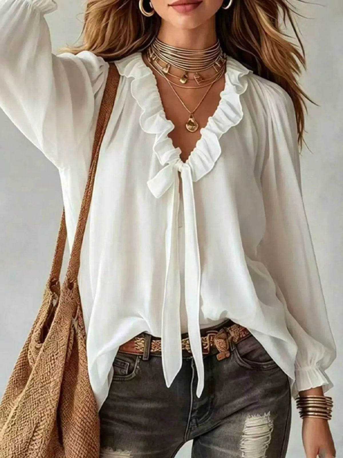 White ruffle-trim V-neck blouse top with front tie and voluminous long sleeves