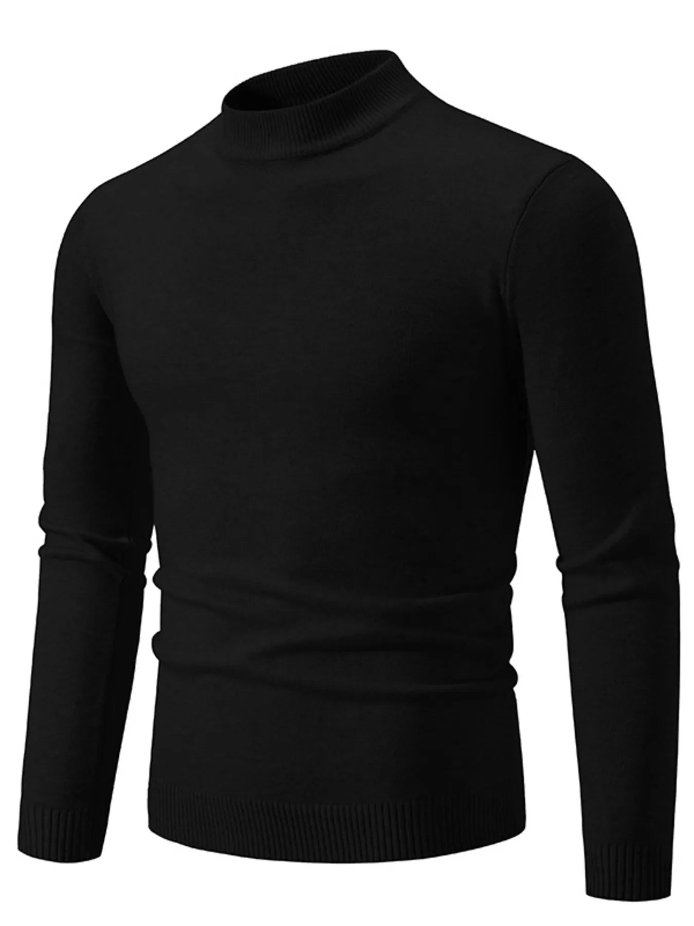 Mock-neck long-sleeve sweater with ribbed hem, black