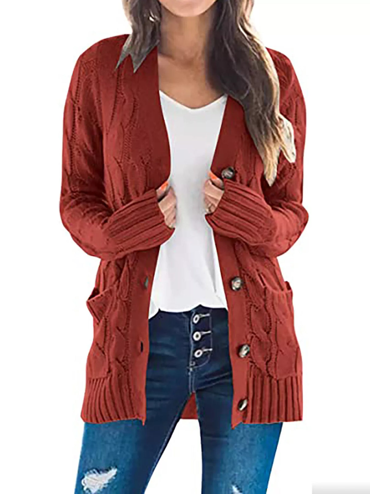 Rust chunky cable-knit cardigan with button front and ribbed cuffs