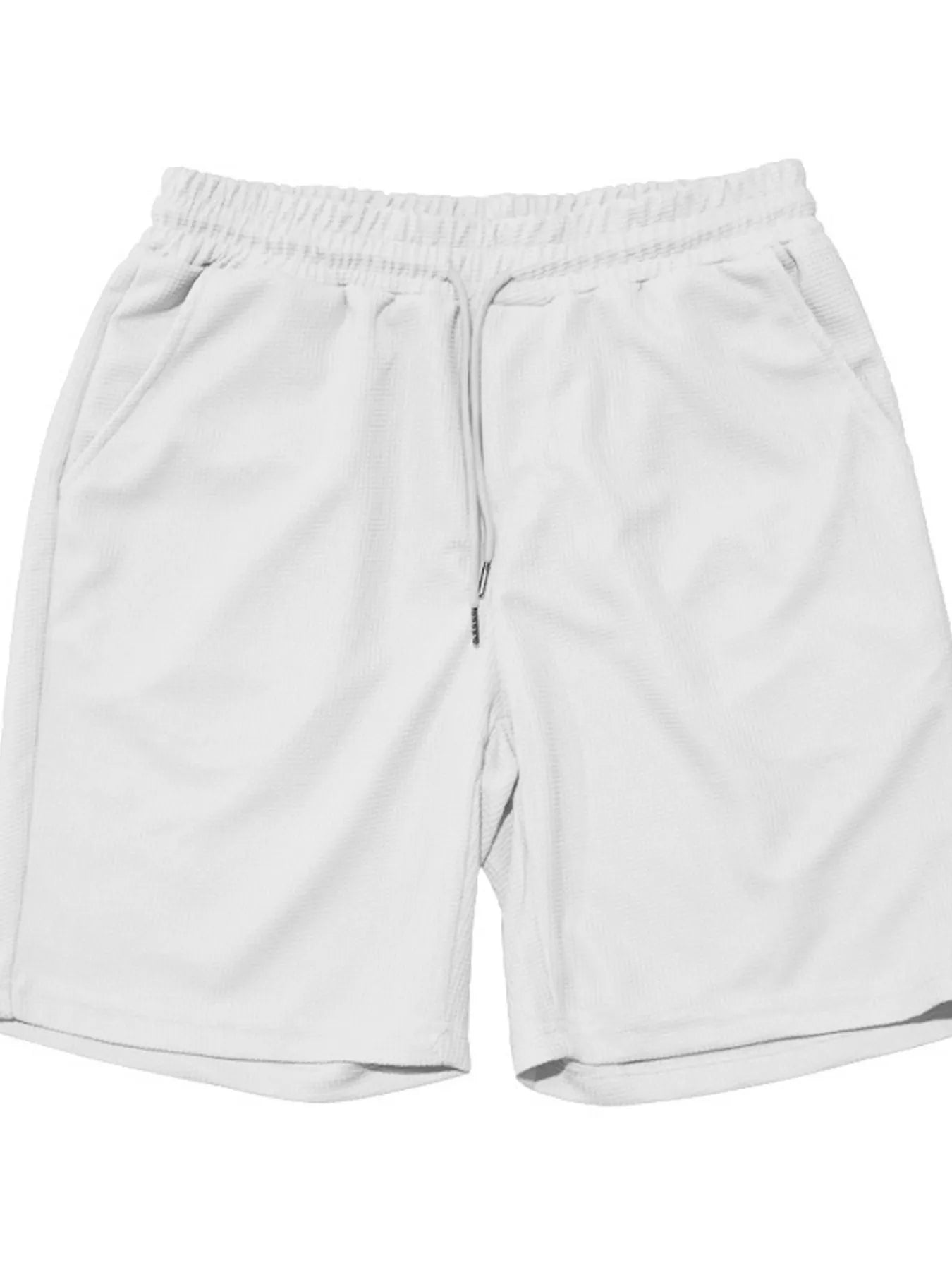 Men's white drawstring shorts with zip fly and elastic waistband