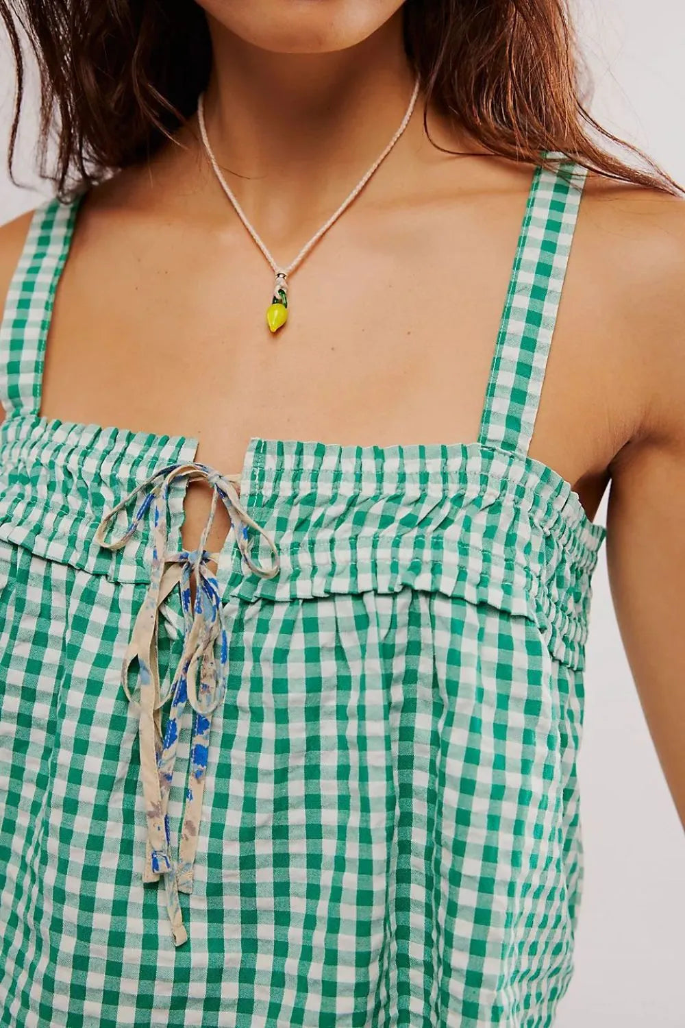 Green gingham square-neck cami with ruched bodice and tie-front shoulder straps