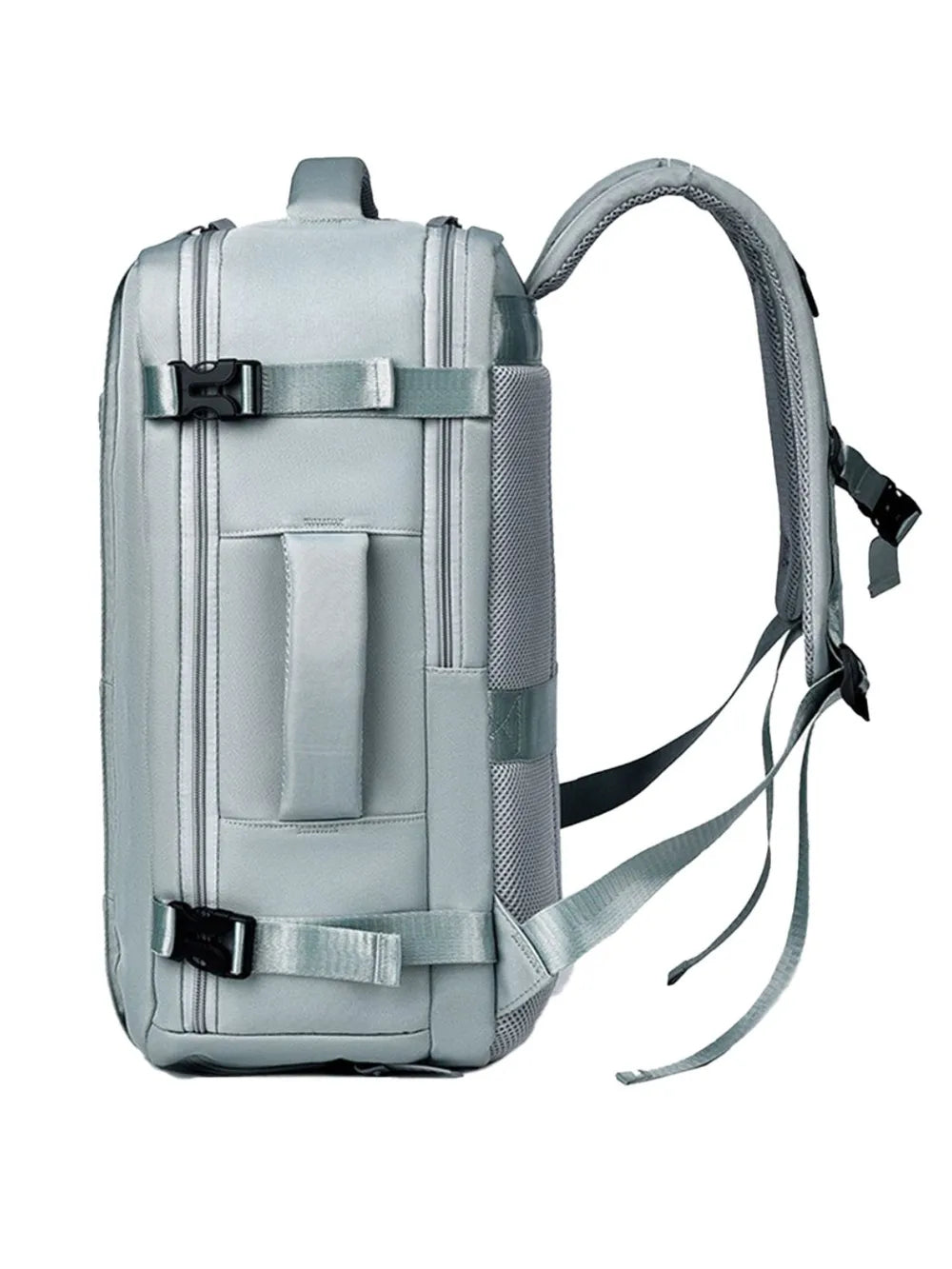 Light gray backpack bag with adjustable straps and front buckle pockets