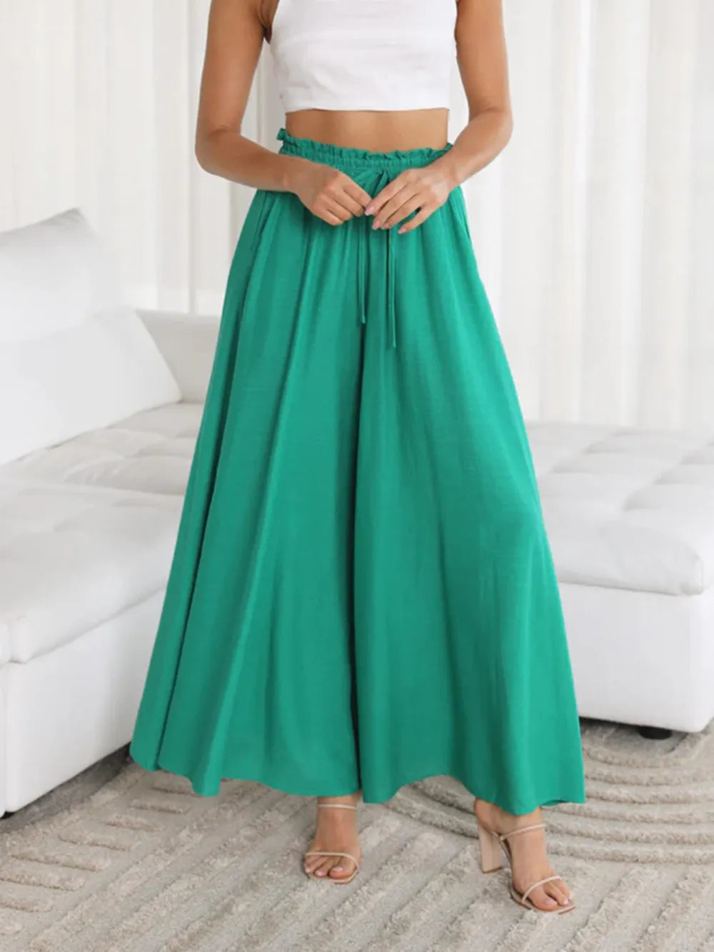 Matcha green wide-leg pants with elastic waistband and drawstring, full length view