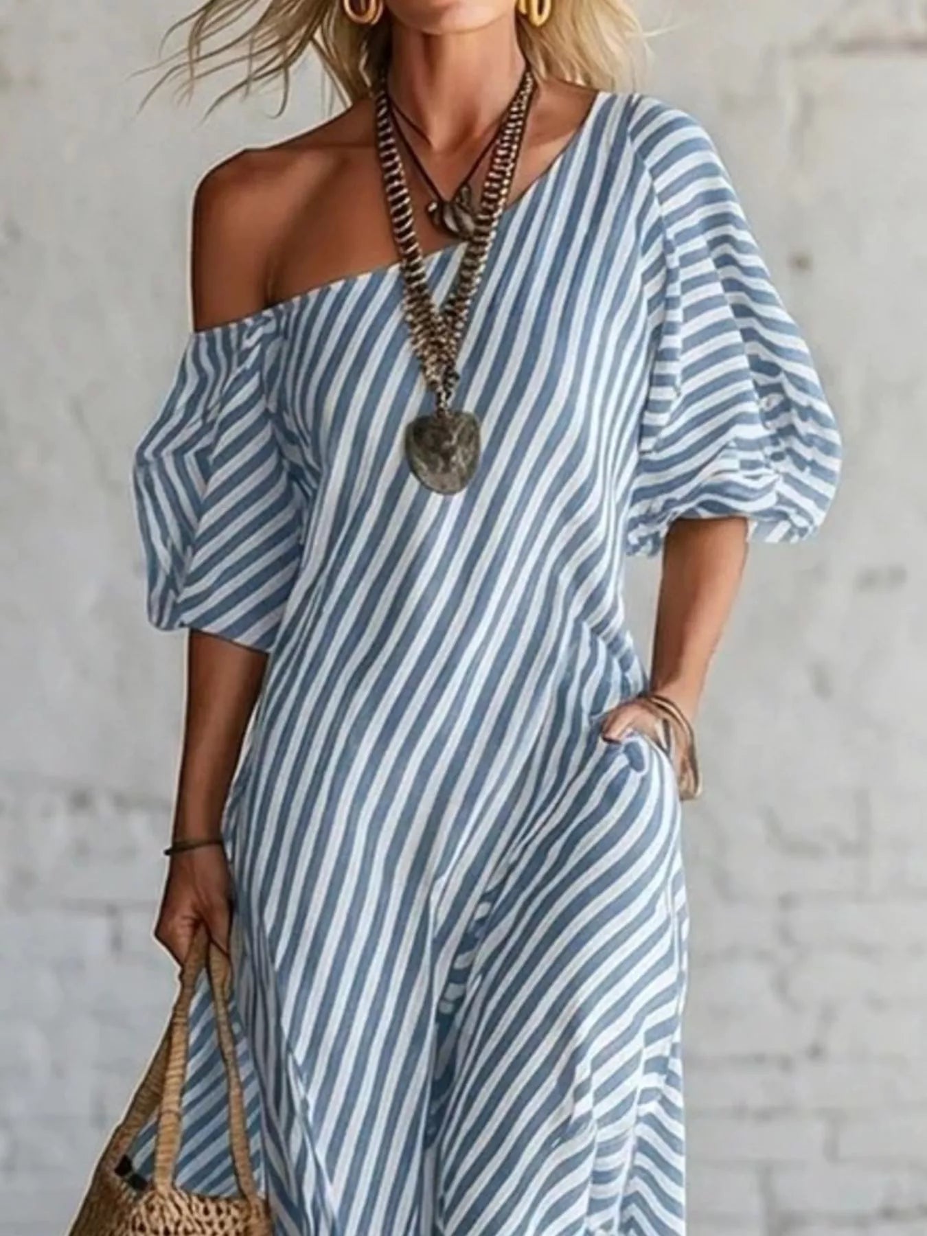 Cedar & Moore Trendsi striped one-shoulder maxi dress in blue/white, plus size