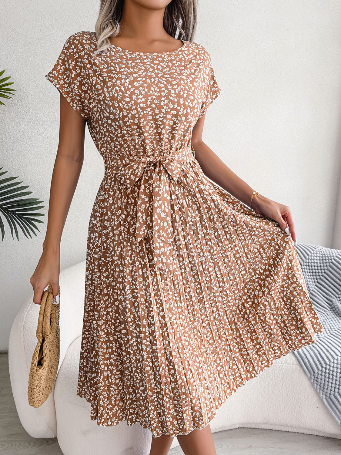 Ditsy floral pleated belted dress in camel brown with ruched waist and pleated skirt
