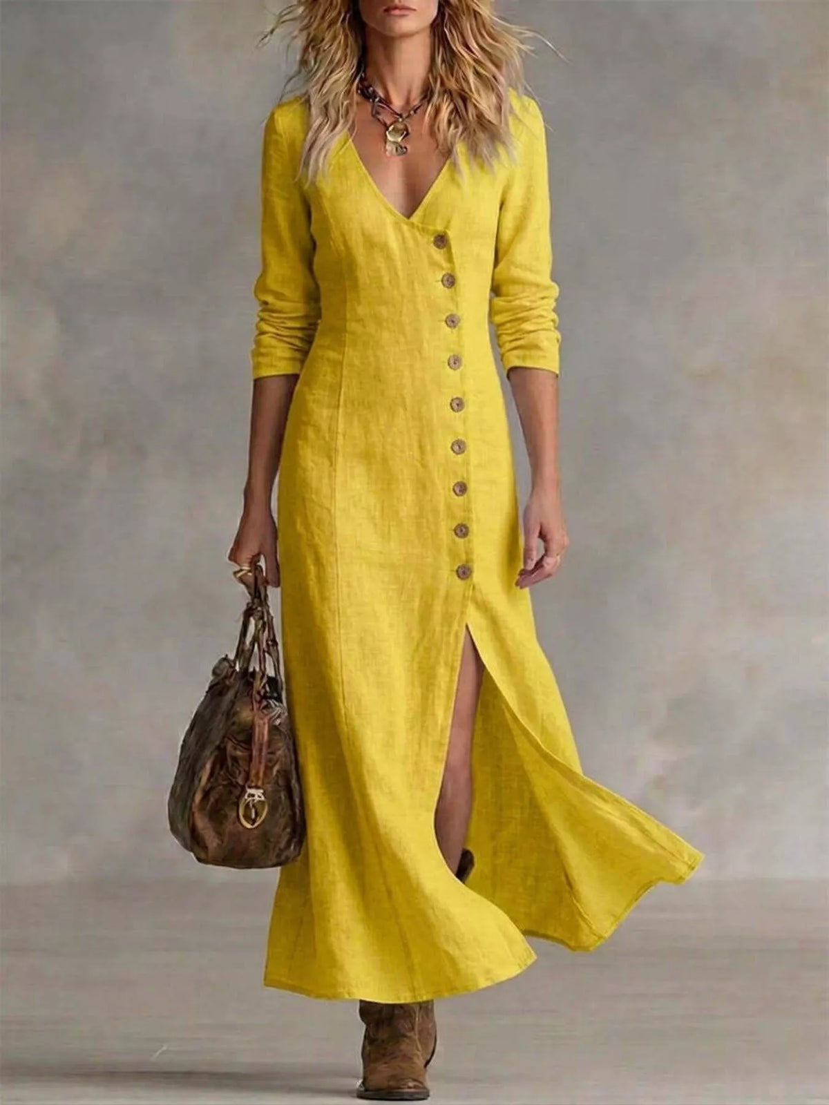 Women’s yellow button-front midi dress with V-neck and side slit