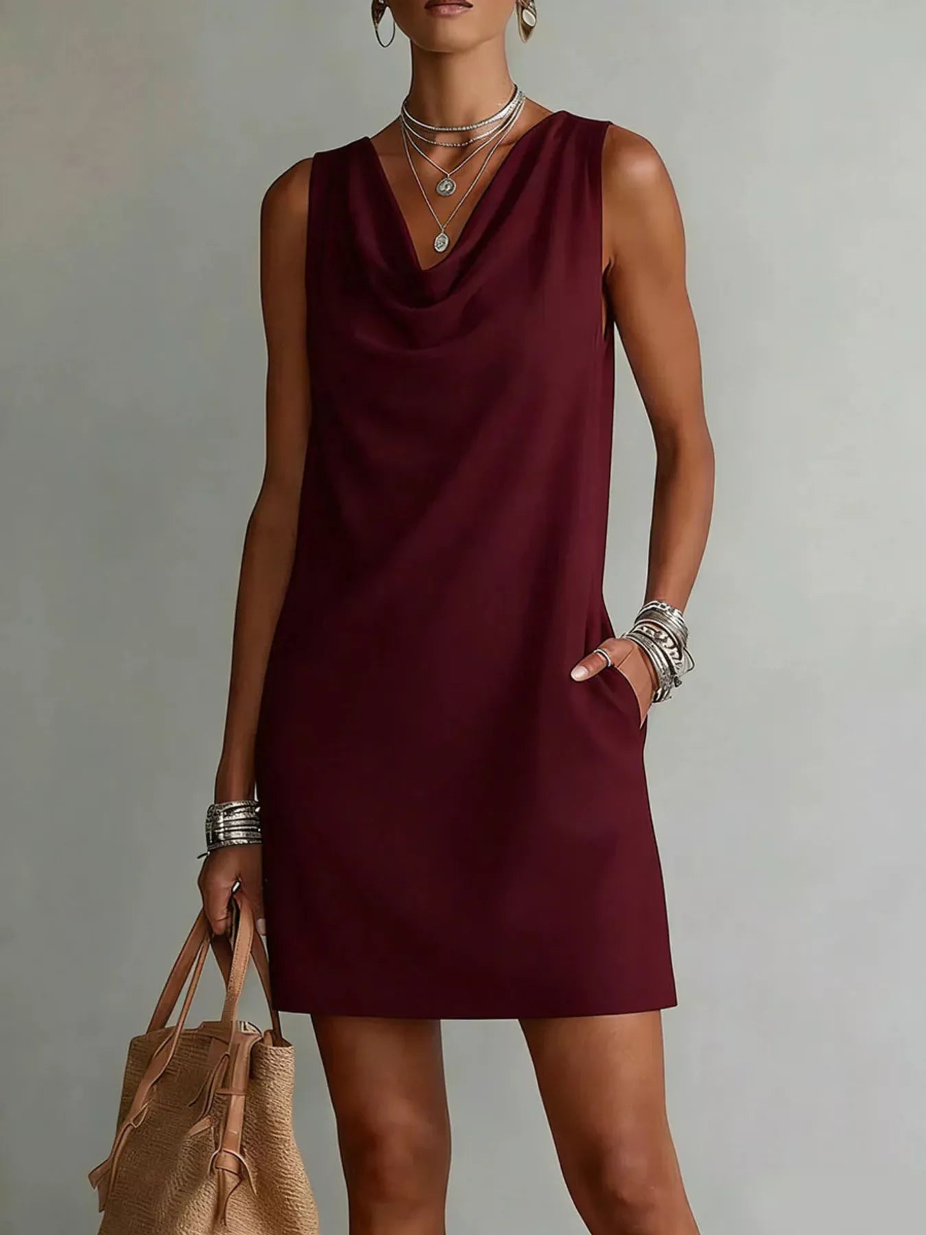 Wine red sleeveless cowl-neck mini dress with draped neckline and straight hem.