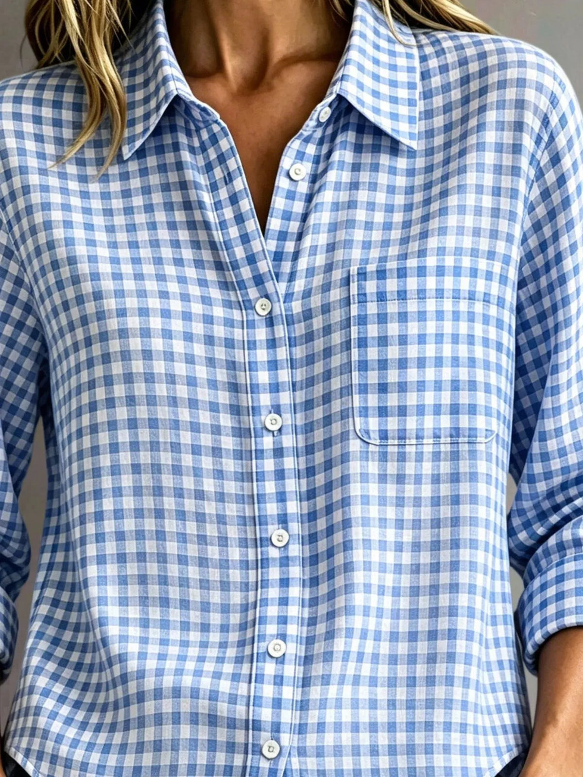 Light blue gingham button-down shirt with long sleeves and chest pocket