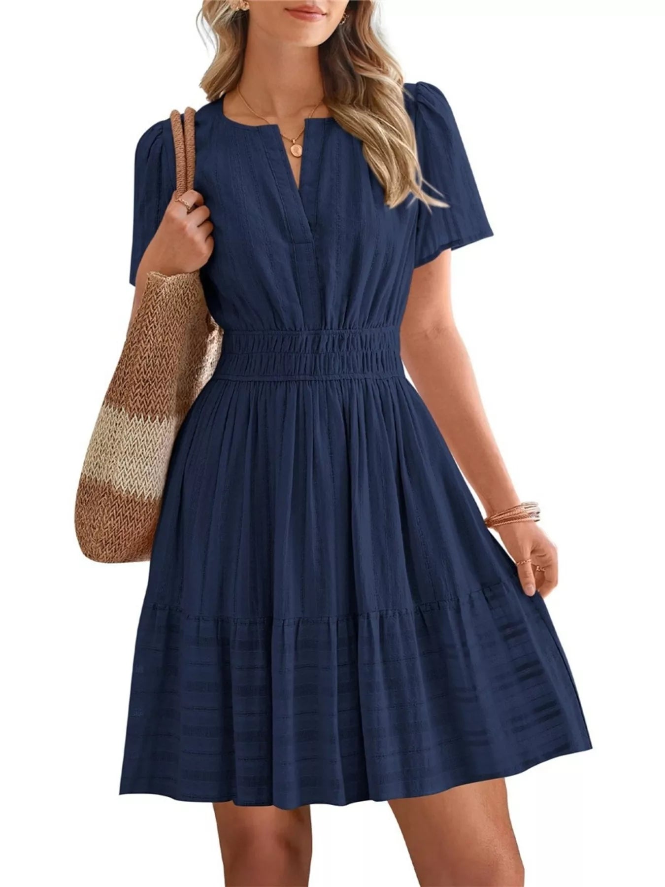 Navy short-sleeve smocked waist tiered dress with V-neck