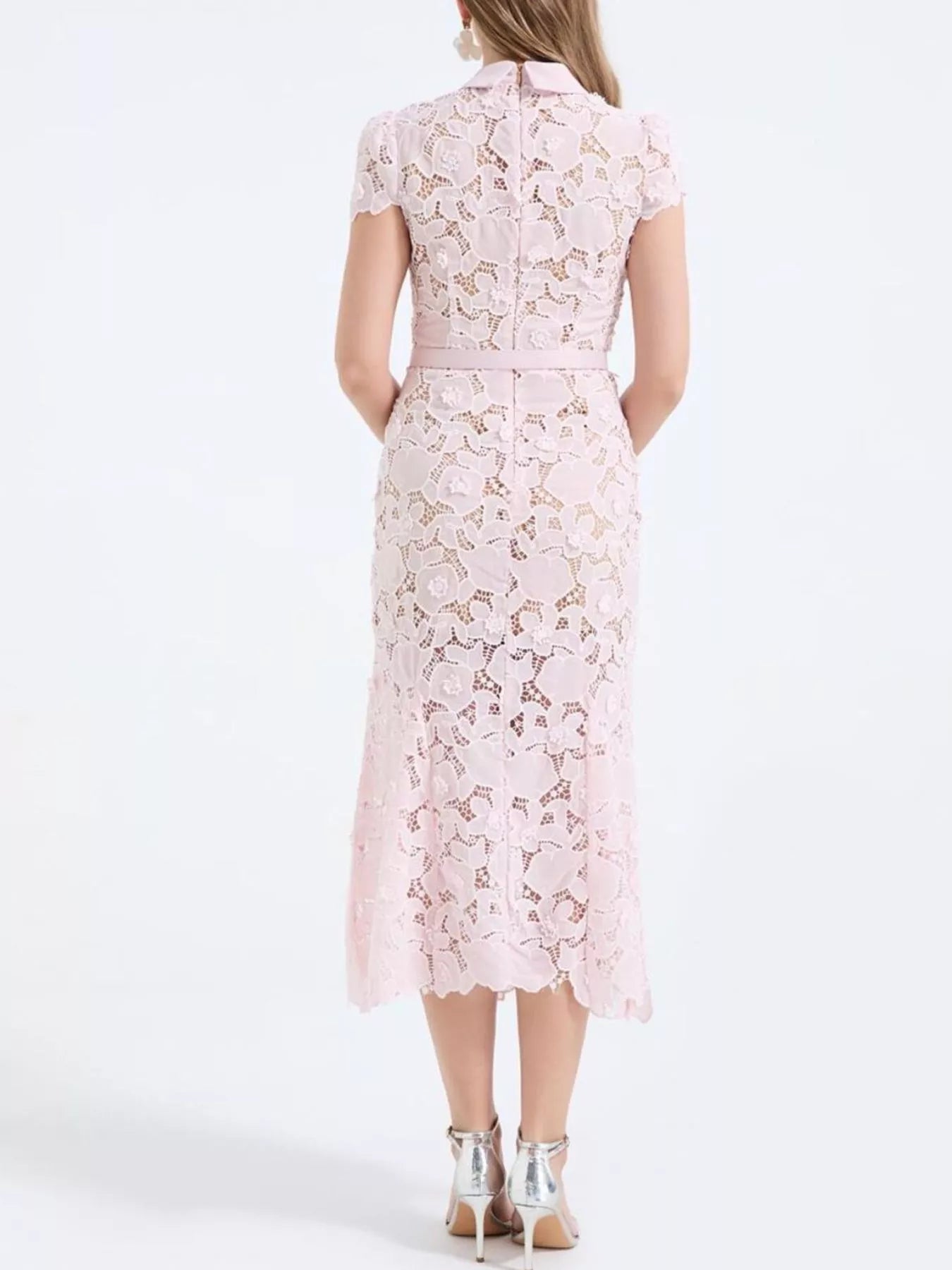 Cedar & Moore Floral lace pink short-sleeve midi dress with back zipper