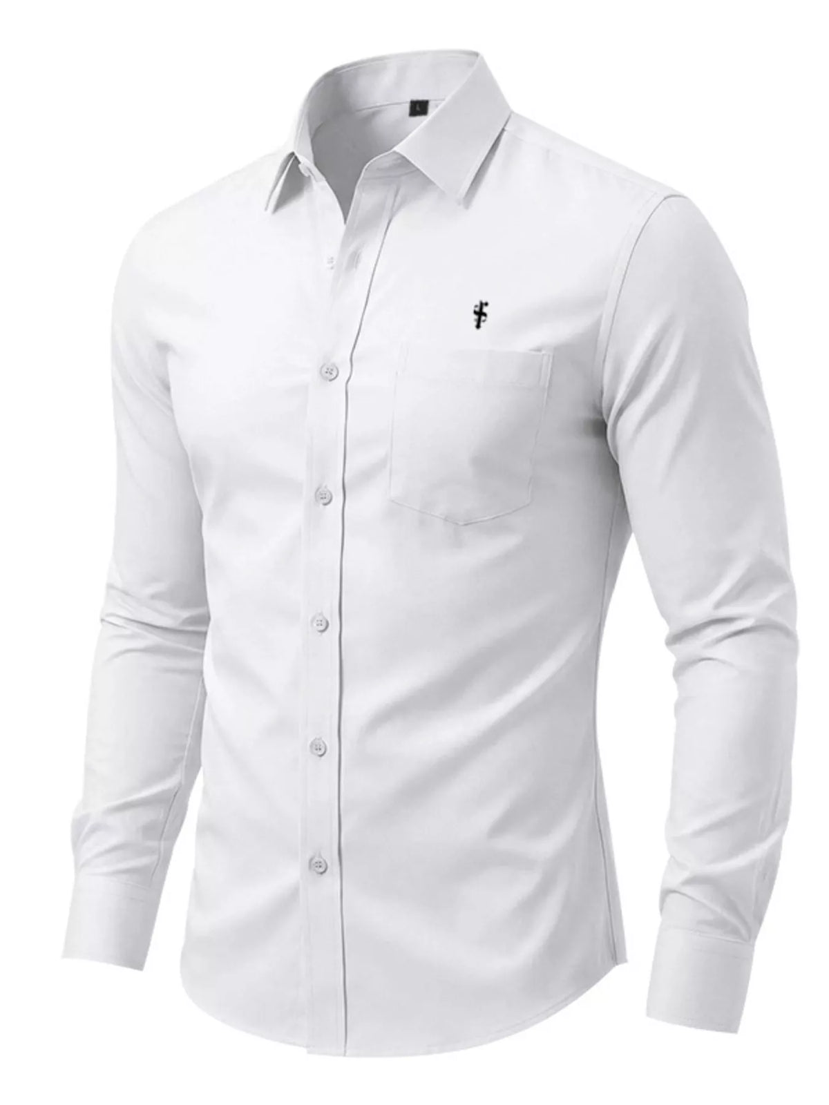 Men's slim-fit cotton button-up shirt, white, long sleeves, pointed collar, chest pocket