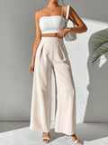 Beige wide-leg high-waist pants with smooth front and wide flared legs