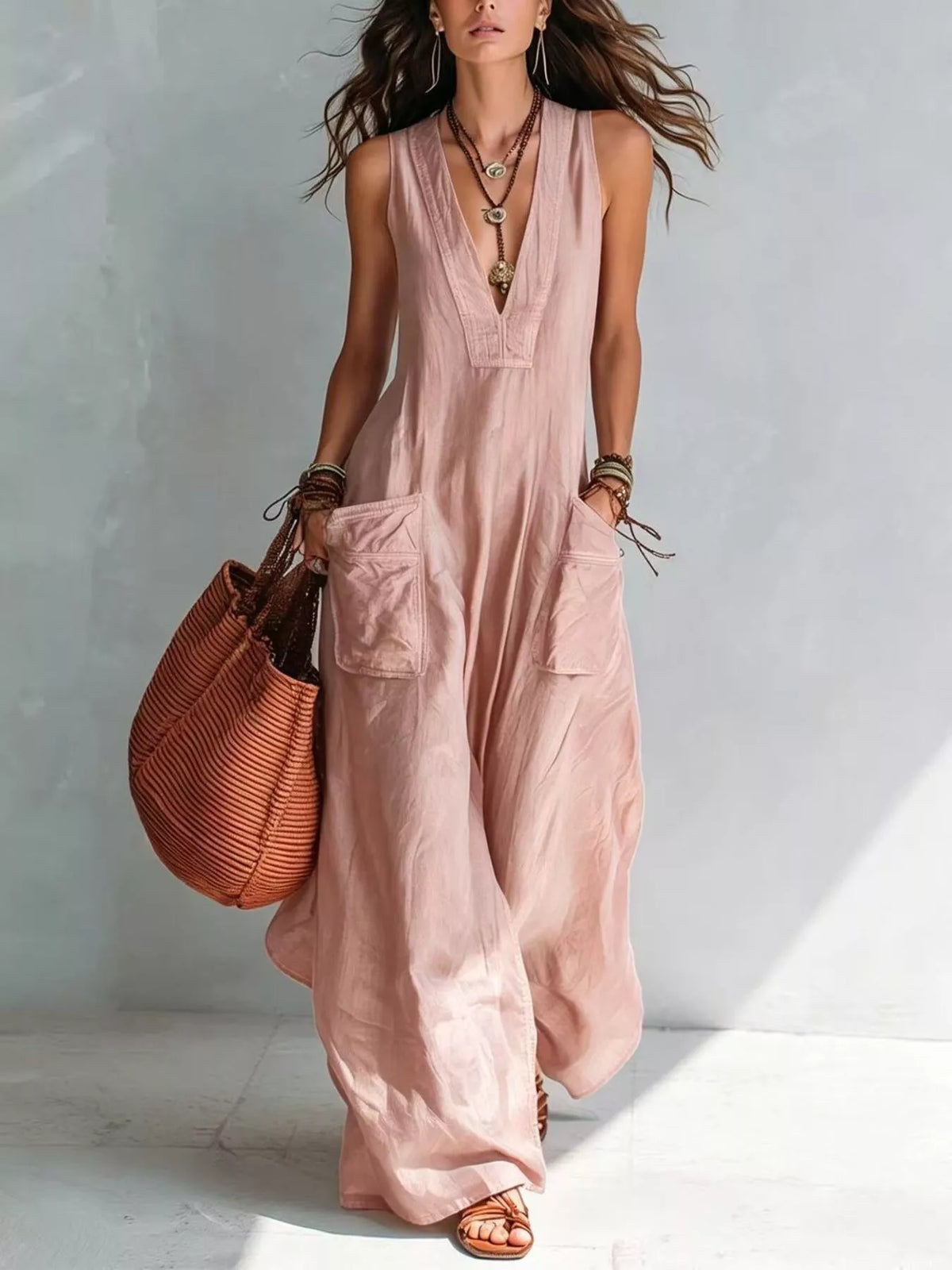 Light pink v-neck sleeveless wide-leg jumpsuit with patch pockets and full-length legs