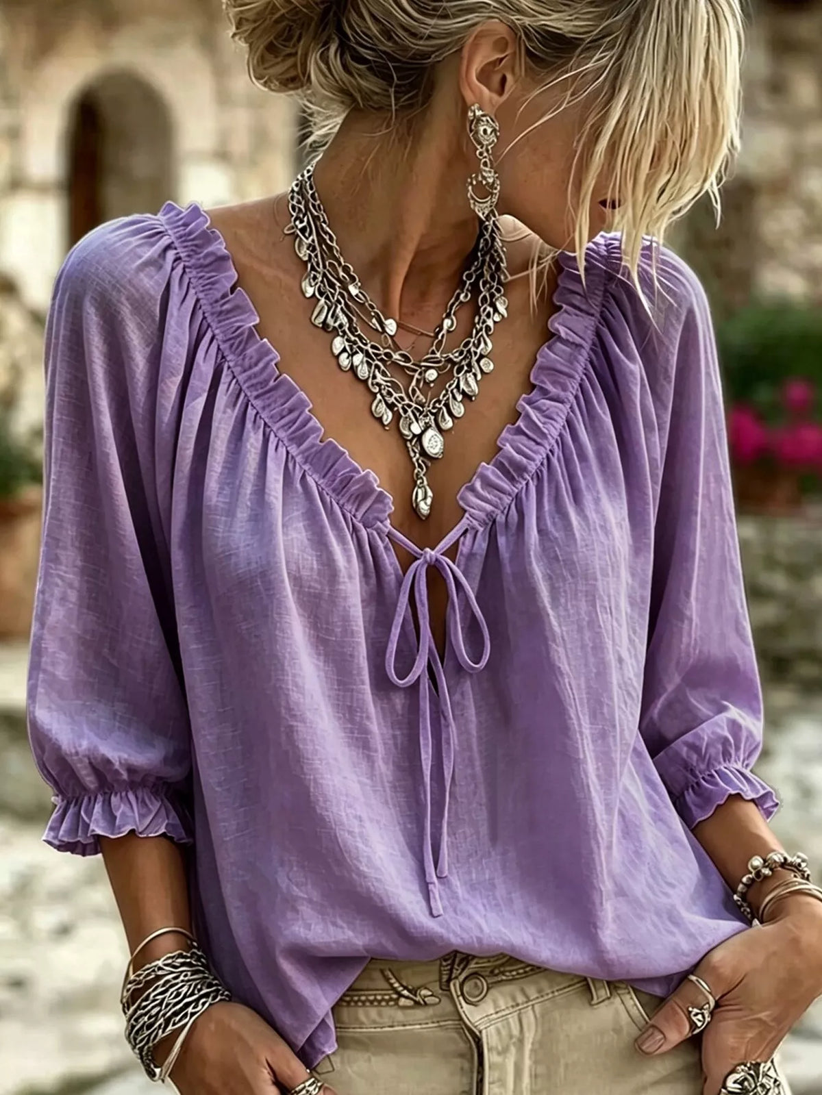 Purple frill tie-neck three-quarter sleeve blouse with bow front and ruffled neckline