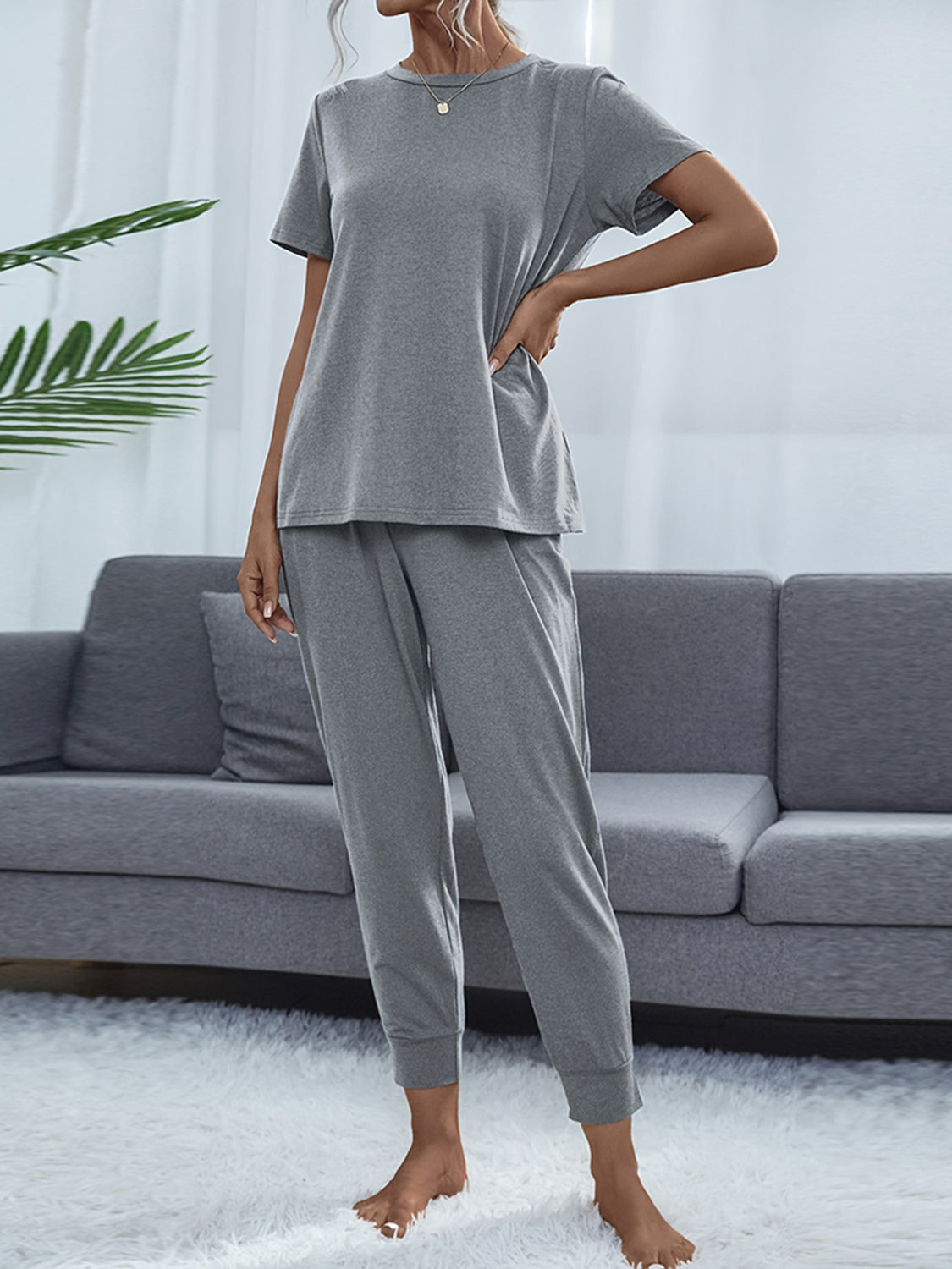 Light gray round-neck short-sleeve top and jogger pants set with drawstring waist
