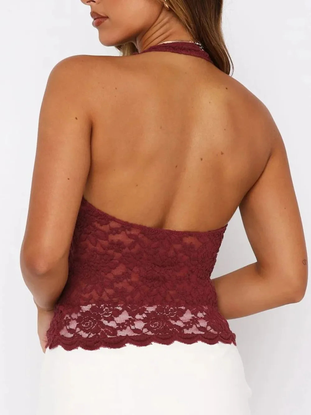 Burgundy lace halter backless cami, open back with scalloped lace hem
