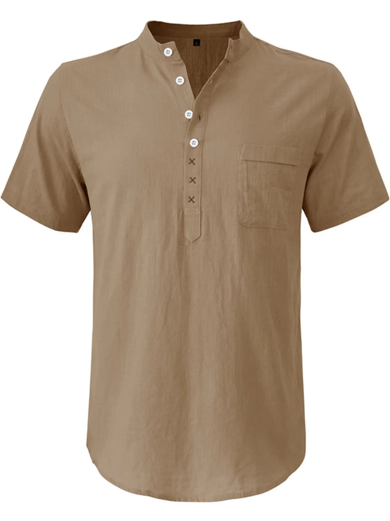 Men's linen polo shirt, taupe; short sleeves, button placket and chest pocket.