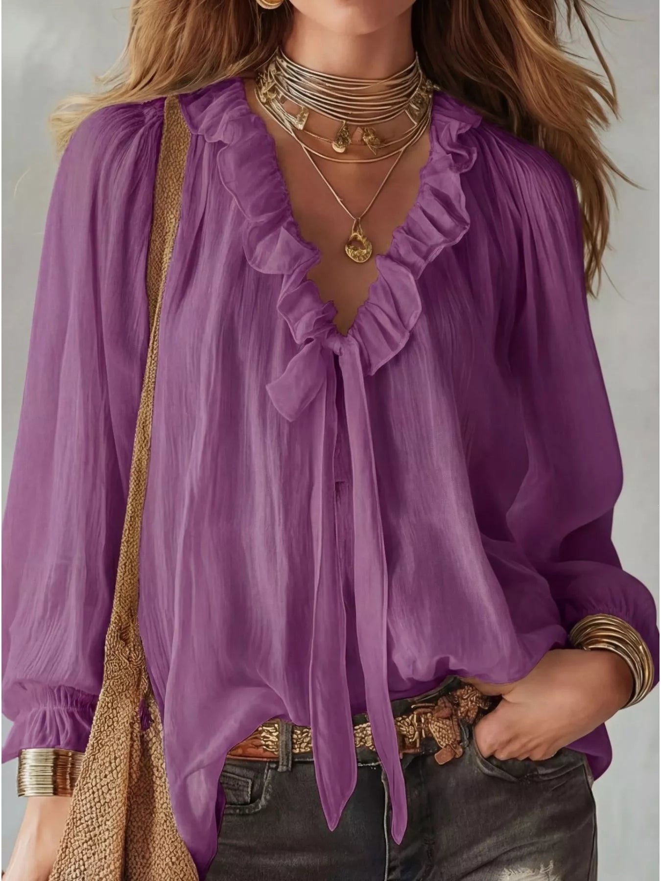 Purple ruffle long-sleeve blouse with layered V-neck ruffle bib and long cuffs