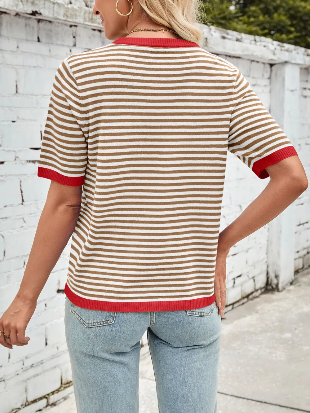 Striped knit top back in beige-and-brown with red contrast ribbing and short sleeves
