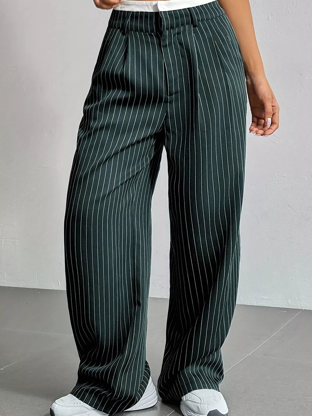 Dark green pinstriped high-waist wide-leg pants with elastic waistband