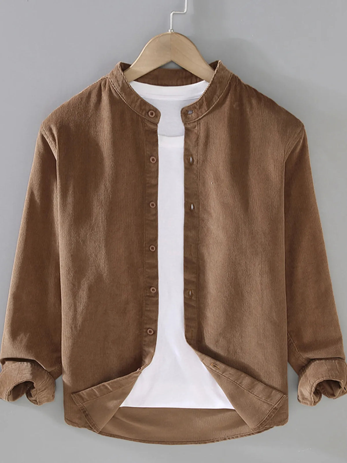 Men's long-sleeve button-up cotton shirt with stand collar, khaki front button placket