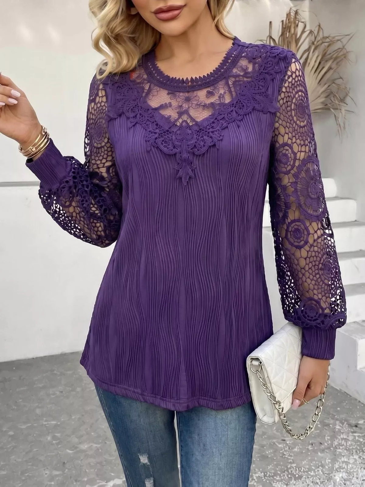 Purple lace patchwork long-sleeve blouse with lace yoke and scalloped neckline trim