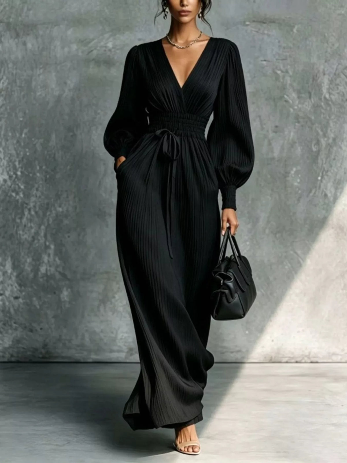 Black tie-waist pleated V-neck maxi dress with long balloon sleeves