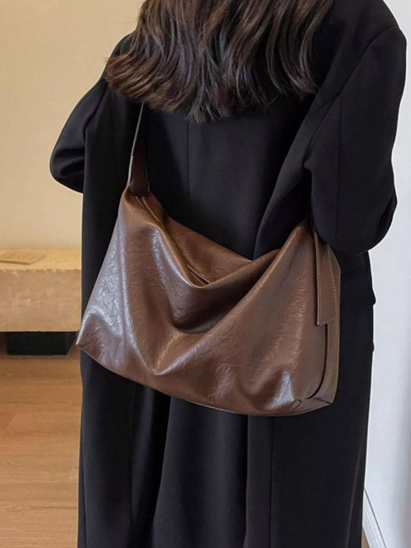 Adjustable Strap Shoulder Bag, brown PU leather, large size