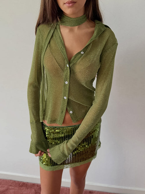Moss button-up shirt with attached scarf-style neckband and front buttons