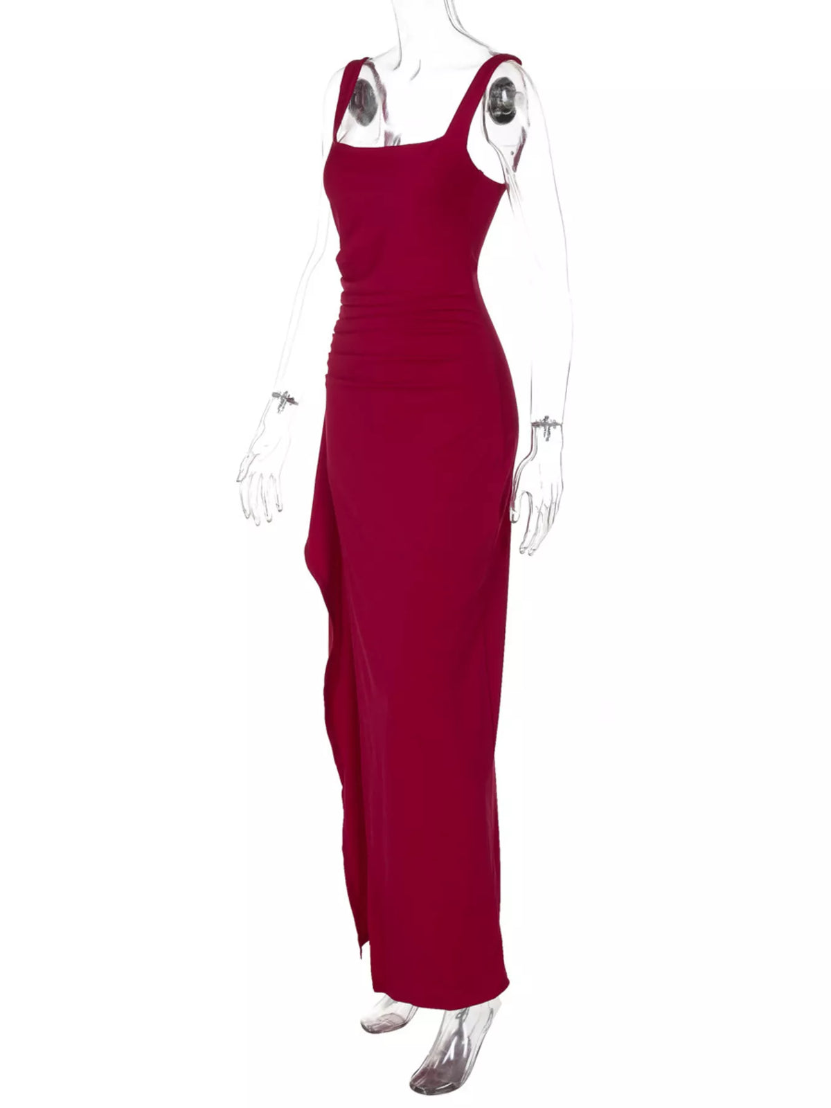 Red ruched square-neck maxi dress with spaghetti straps and side slit